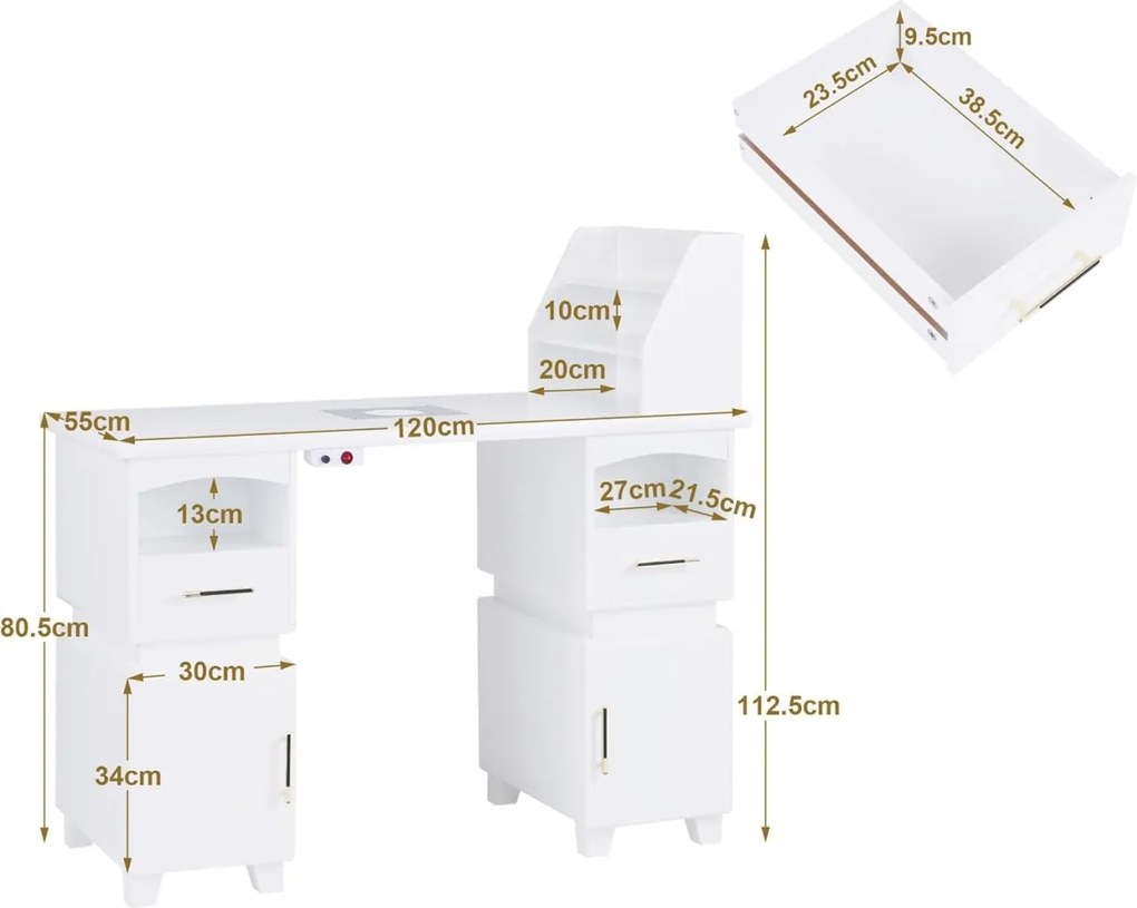 MANIA201 - Masuta manichiura, 120 cm, cu aspirator incorporat, masa cosmetica - Alba