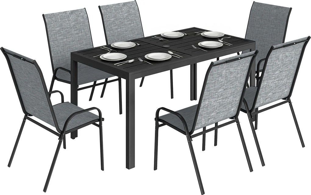 Outsunny Set Masă și Scaune Grădină cu Masă Metalică cu Orificiu și 6 Scaune Stivuite Respirabile pentru Terasă Gri | Aosom Romania