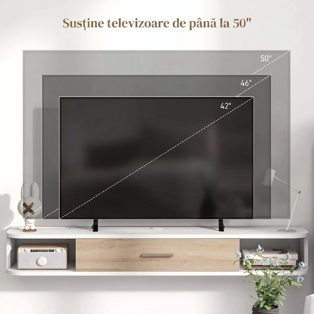 HOMCOM，Suport TV，Cu 2 Rafturi Deschise și Dulap cu Ușă Rabatabilă，MDF，120cm x 26cm x 16cm，Alb, gri | Aosom Romania