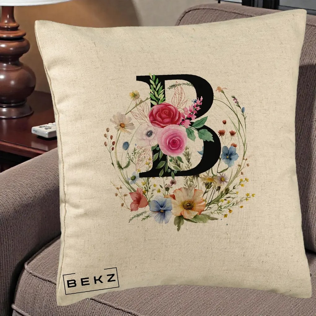 Cadou Personalizat - Perna Personalizata Monogram Litera B cu Flori Acuarela, 40x40 cm, Bej, Husa Detasabila, Perna Inclusa, BEKZ®