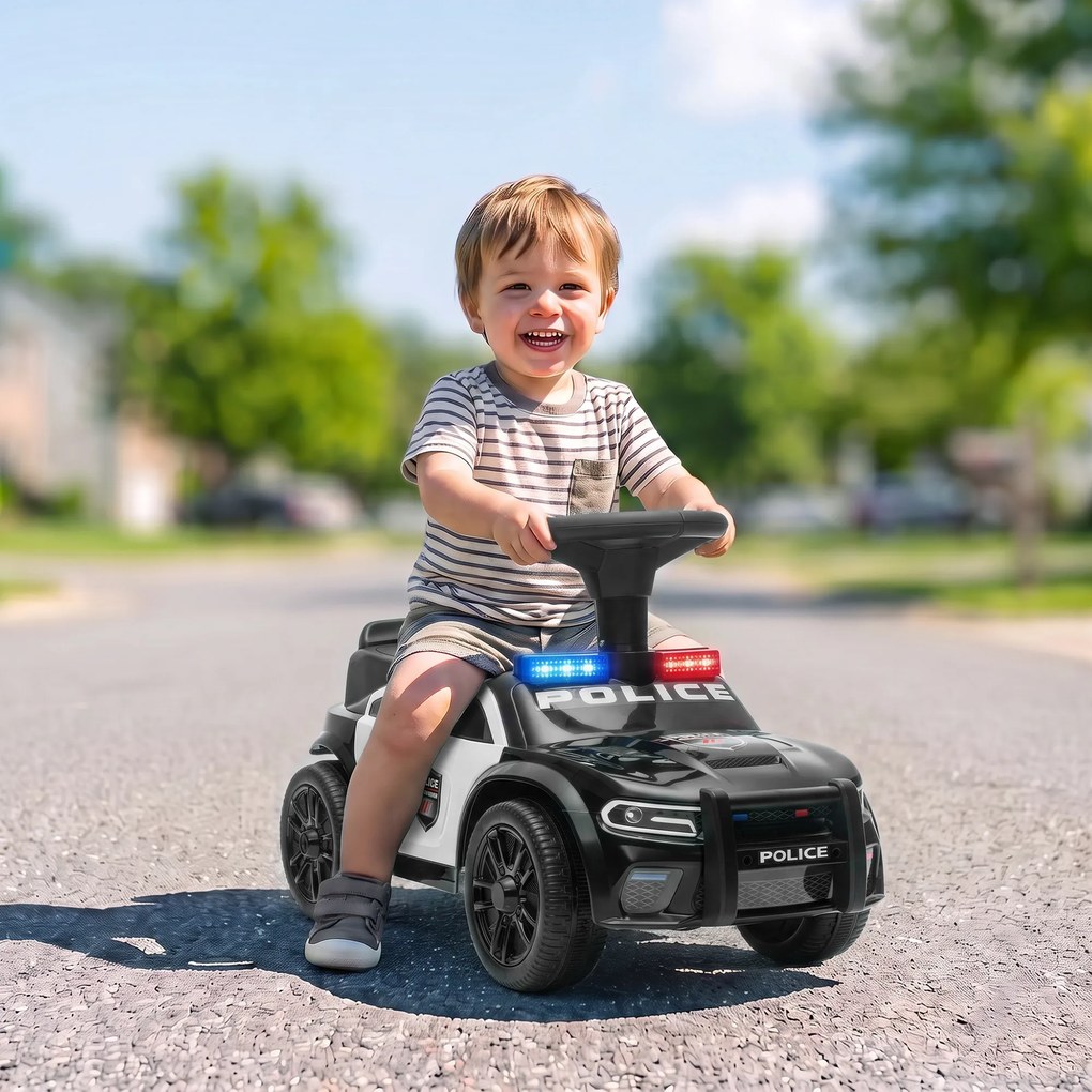 AIYAPLAY Mașinuță Ride-on Copii 18-36 Luni, Model Poliție, Muzică, Spațiu Sub Scaun, Negru | Aosom Romania