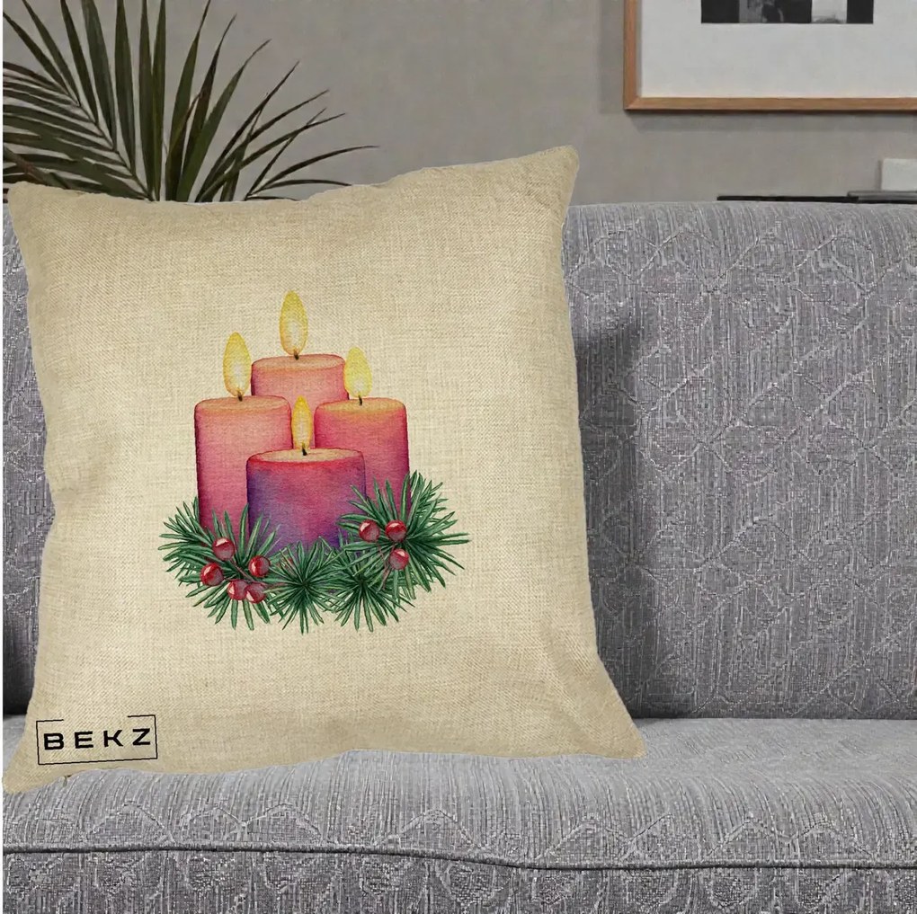 Perna Decorativa Lumanari Advent Roz-Violet, 40x40 cm, Crem, Husa Detasabila, Perna Inclusa, BEKZ®