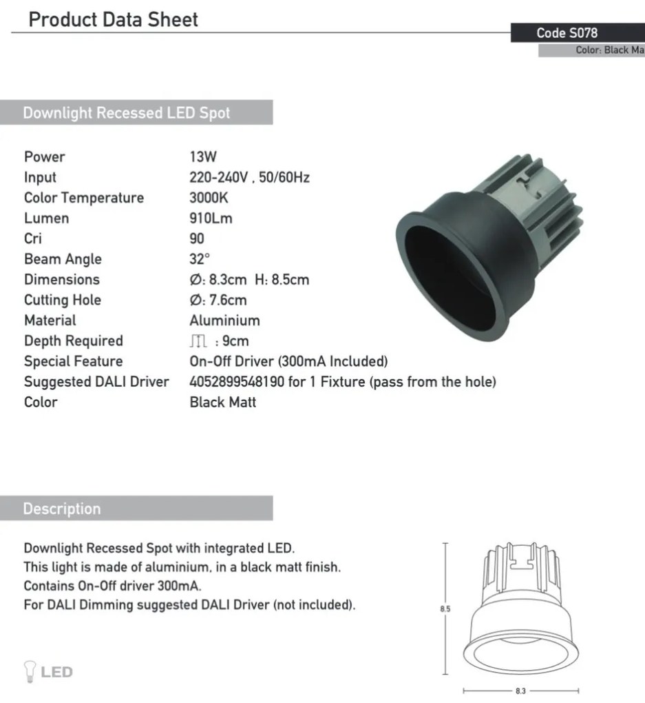 Spot LED incastrabil Trimless negru 13W D-8,3cm