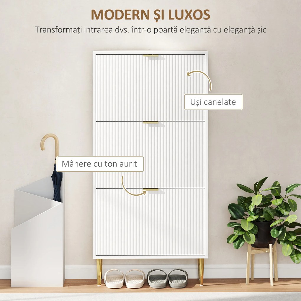 HOMCOM Dulap de pantofi pentru 18 perechi de pantofi cu 3 sertare rabatabile Alb | Aosom Romania