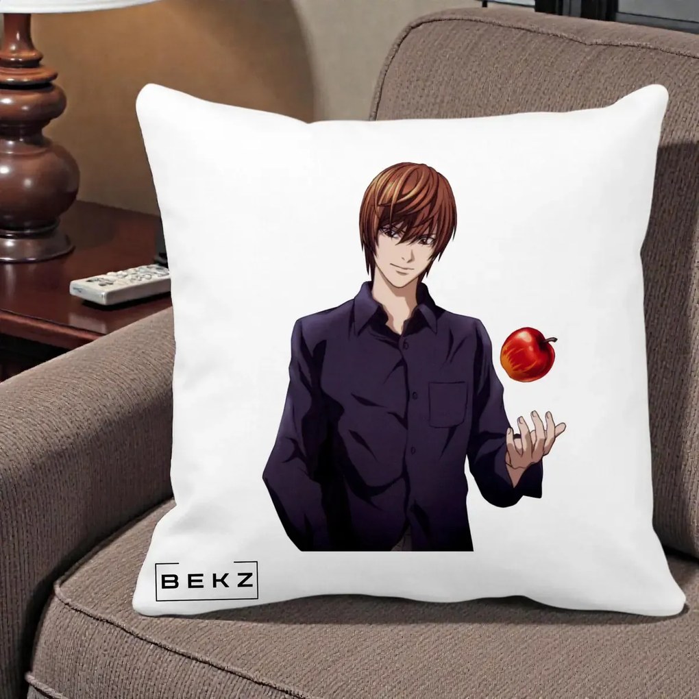 Perna Personalizata Death Note Light Yagami cu Mar, 40x40 cm, Alba Mata, Husa Detasabila, Perna Inclusa, BEKZ®