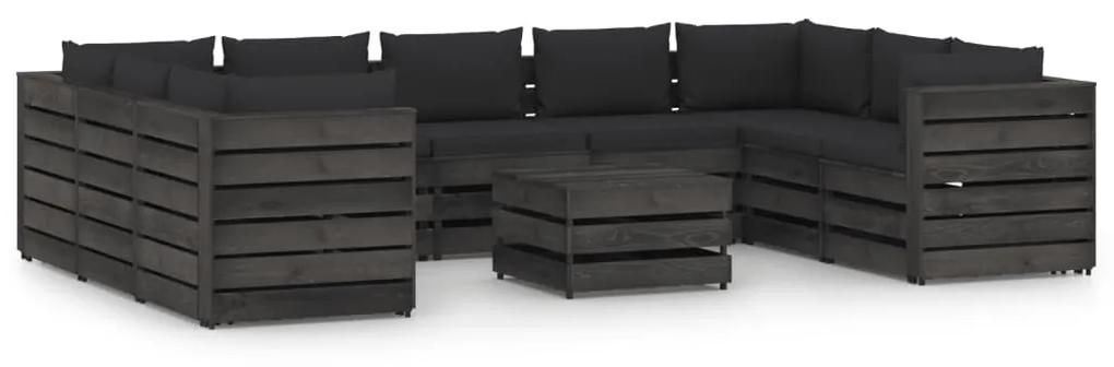 Set mobilier gradina cu perne, 10 piese, gri, lemn tratat negru si gri, 10