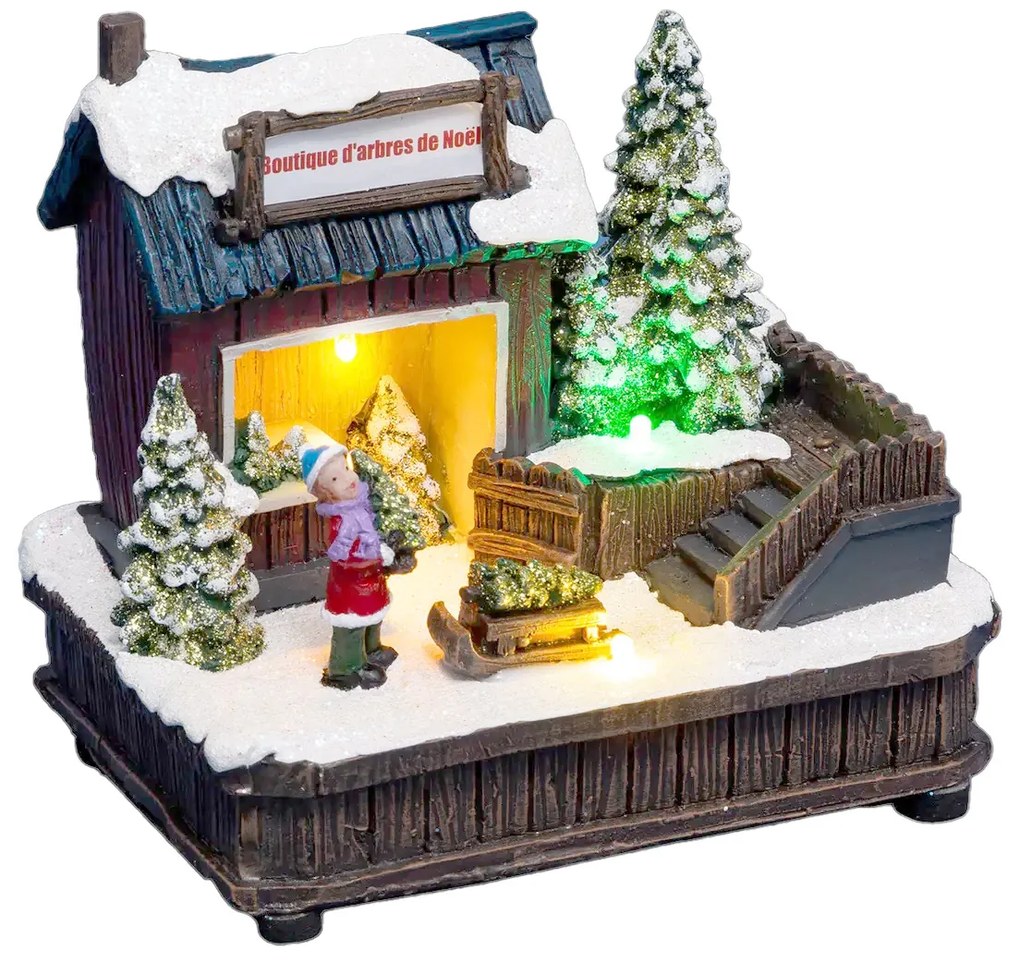 Sat de Crăciun, scenă de Crăciun cu un magazin de pomi de Crăciun