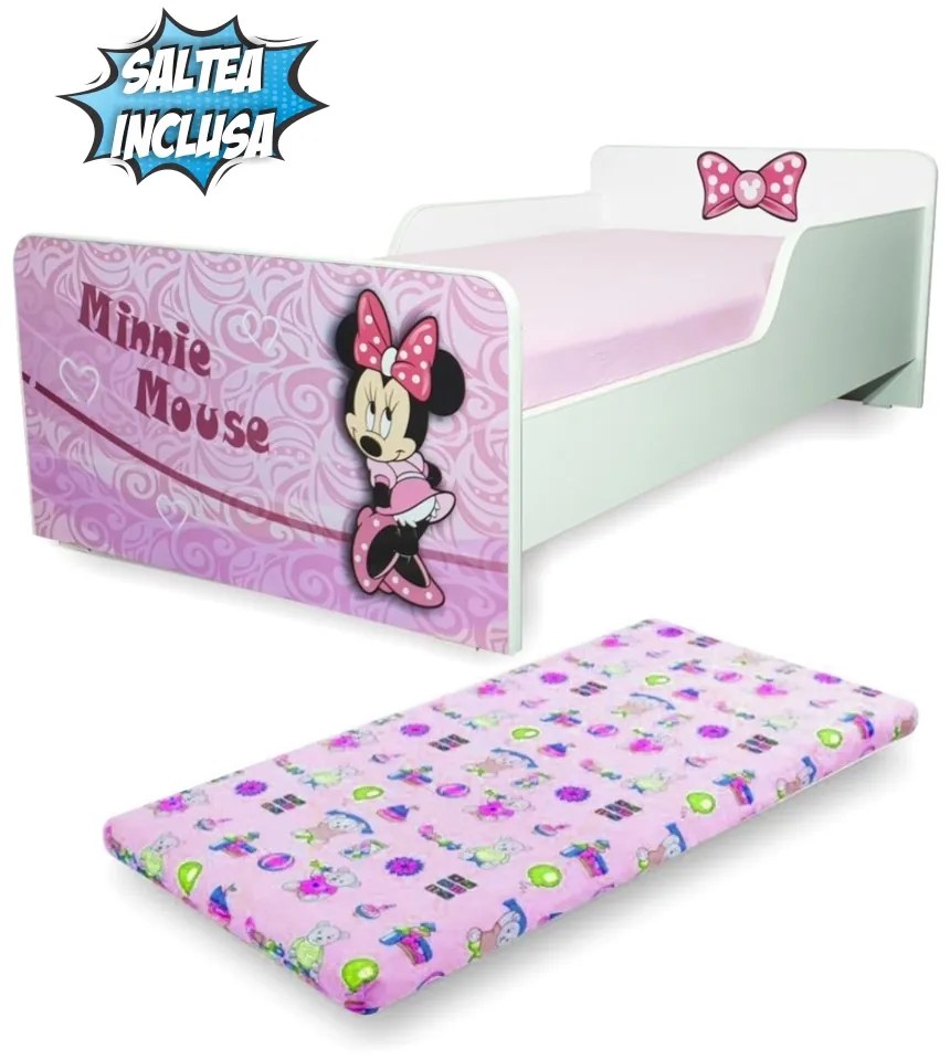 Patut Fetita Start Minnie 2-8 ani, cu saltea 140x70x6 cm cu lana  PC-P-MOK-MIN-70