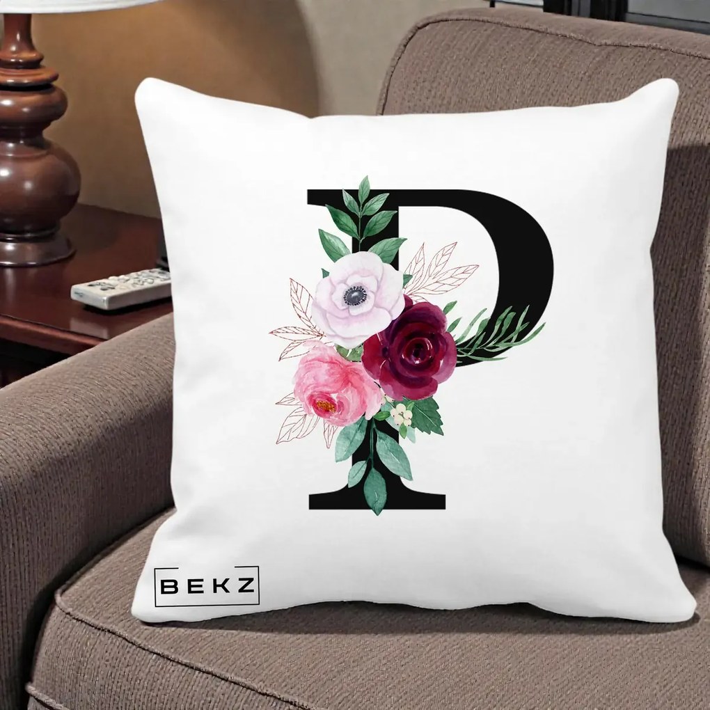 Cadou Personalizat - Perna Personalizata Monograma Florala Litera P, 40x40 cm, Alba Mata, Husa Detasabila, Perna Inclusa, BEKZ®