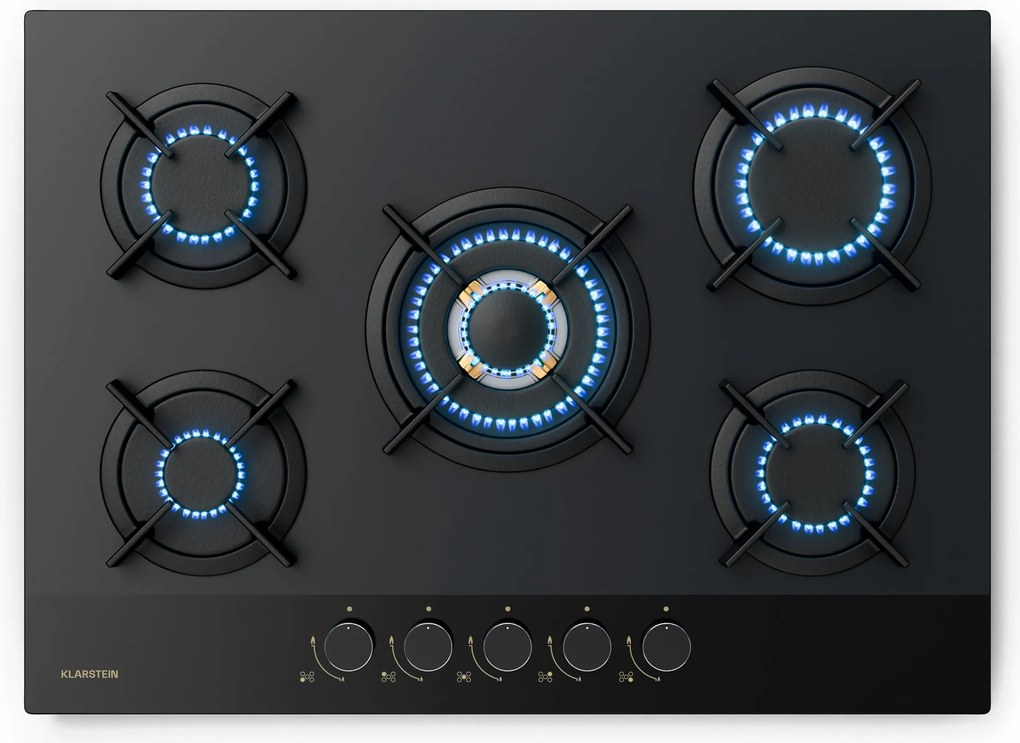 Klarstein Goldflame Nano plită pe gaz, 5 arzătoare din alamă, Strat Nano, GPL/gaz natural