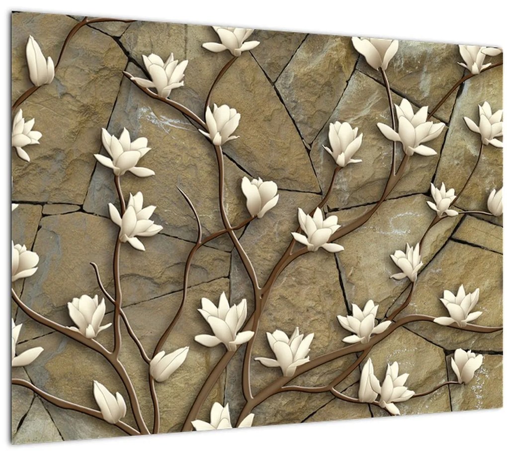 Tablou pe sticlă - Magnolii albe pe zidărie de piatră (70x50 cm)