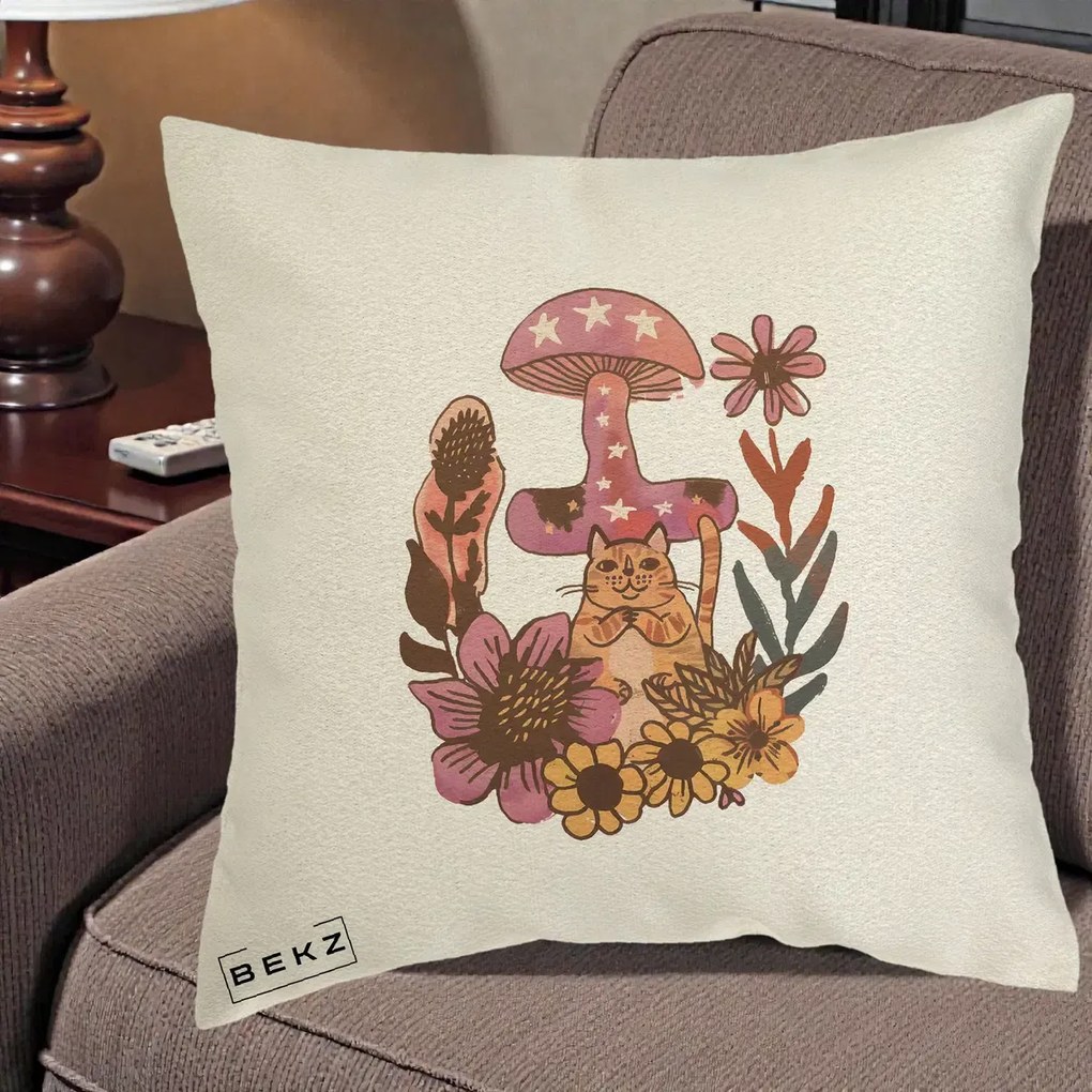 Perna Decorativa Ciuperca Pisica Boho, 40x40 cm, Ecru, Husa Detasabila, Perna Inclusa, BEKZ®