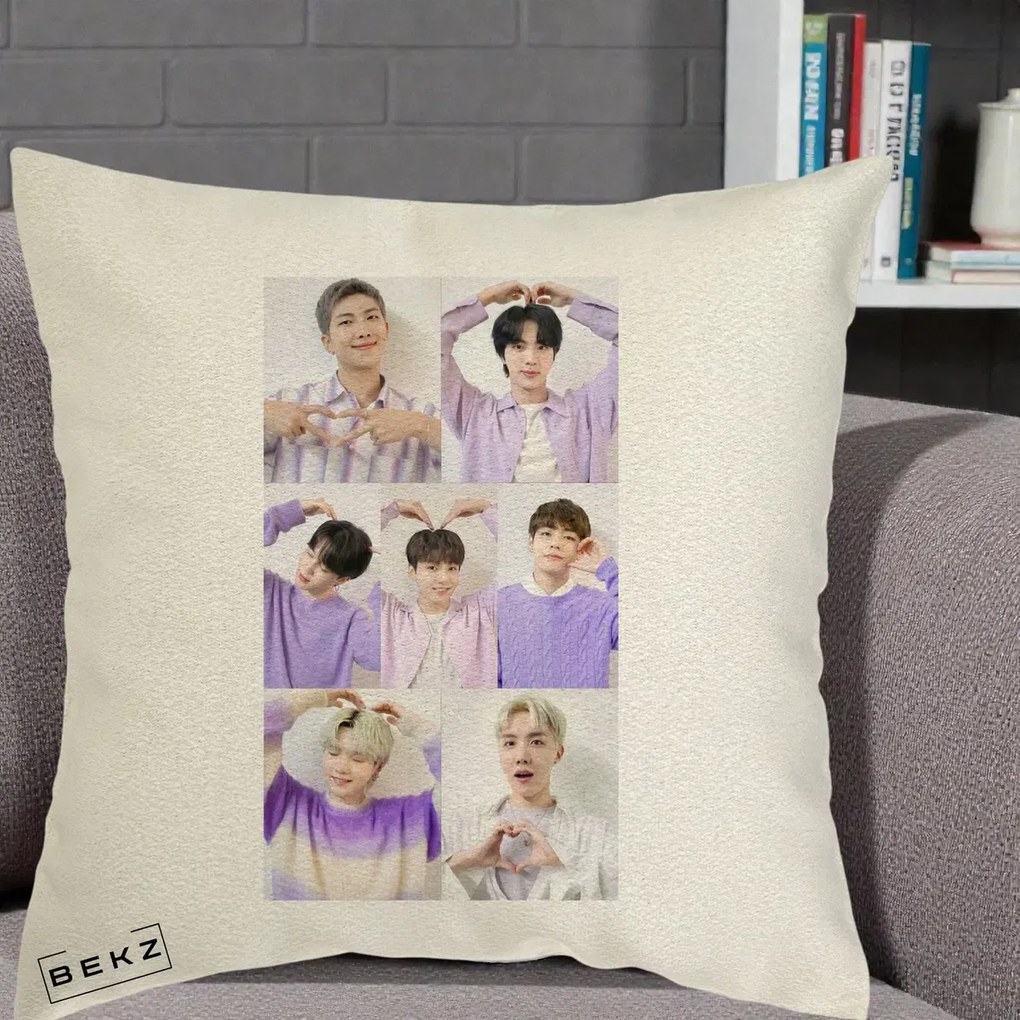 Perna Personalizata K-pop BTS Colaj 7 Portrete cu Inimi Lila, 40x40 cm, Ecru, Husa Detasabila, Perna Inclusa, BEKZ®