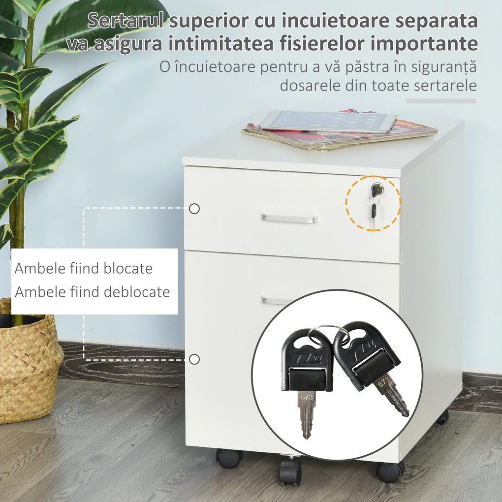 Vinsetto Dulap cu sertare, cu 2 Sertare și 5 Roti, Fiset Birou cu Încuietoare, Design Modern, Alb| Aosom Romania