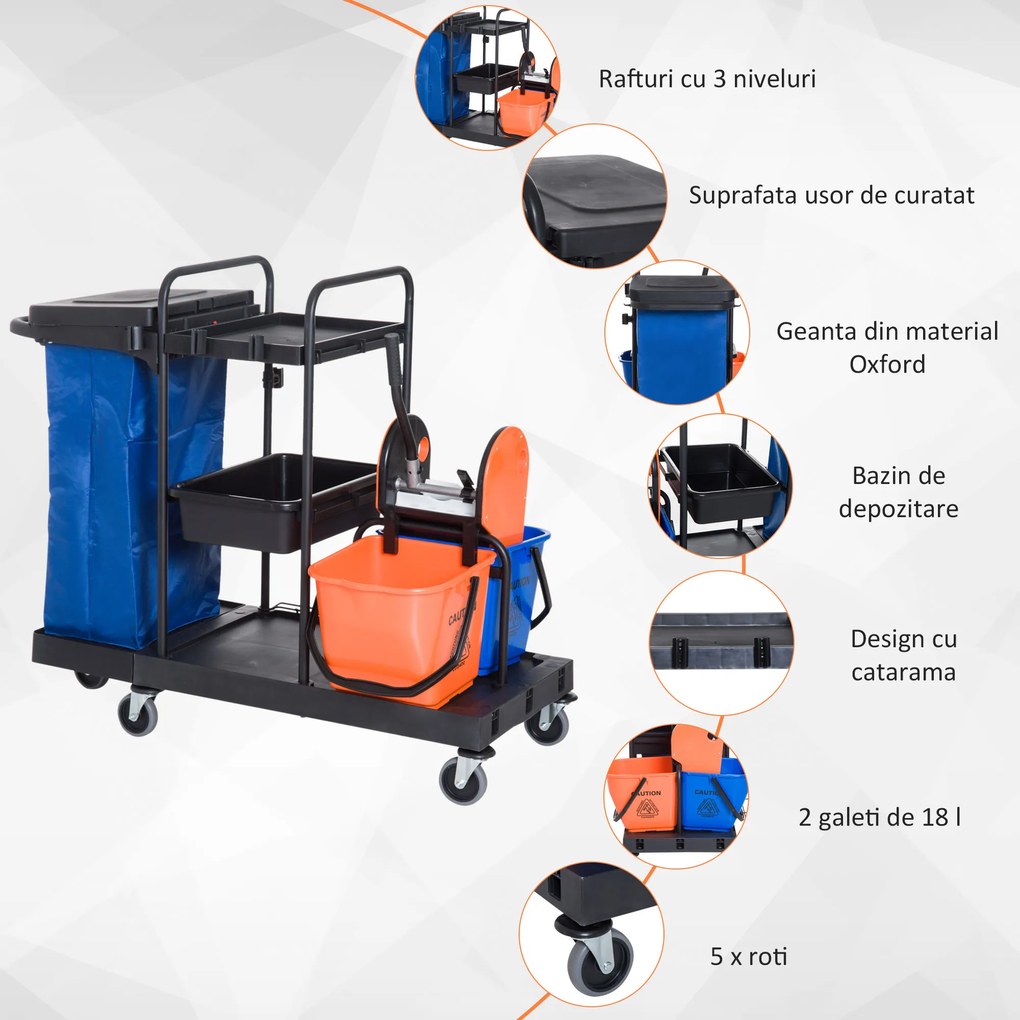 Carucior pentru Curatenie HOMCOM Capacitate 18L si Roti | Aosom Romania