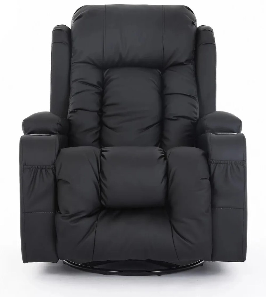 RESIGILAT-Fotoliu Masaj, Incalzire, rabatabil, pivotant, suport picioare extensibil, piele ecologica Premium, Negru