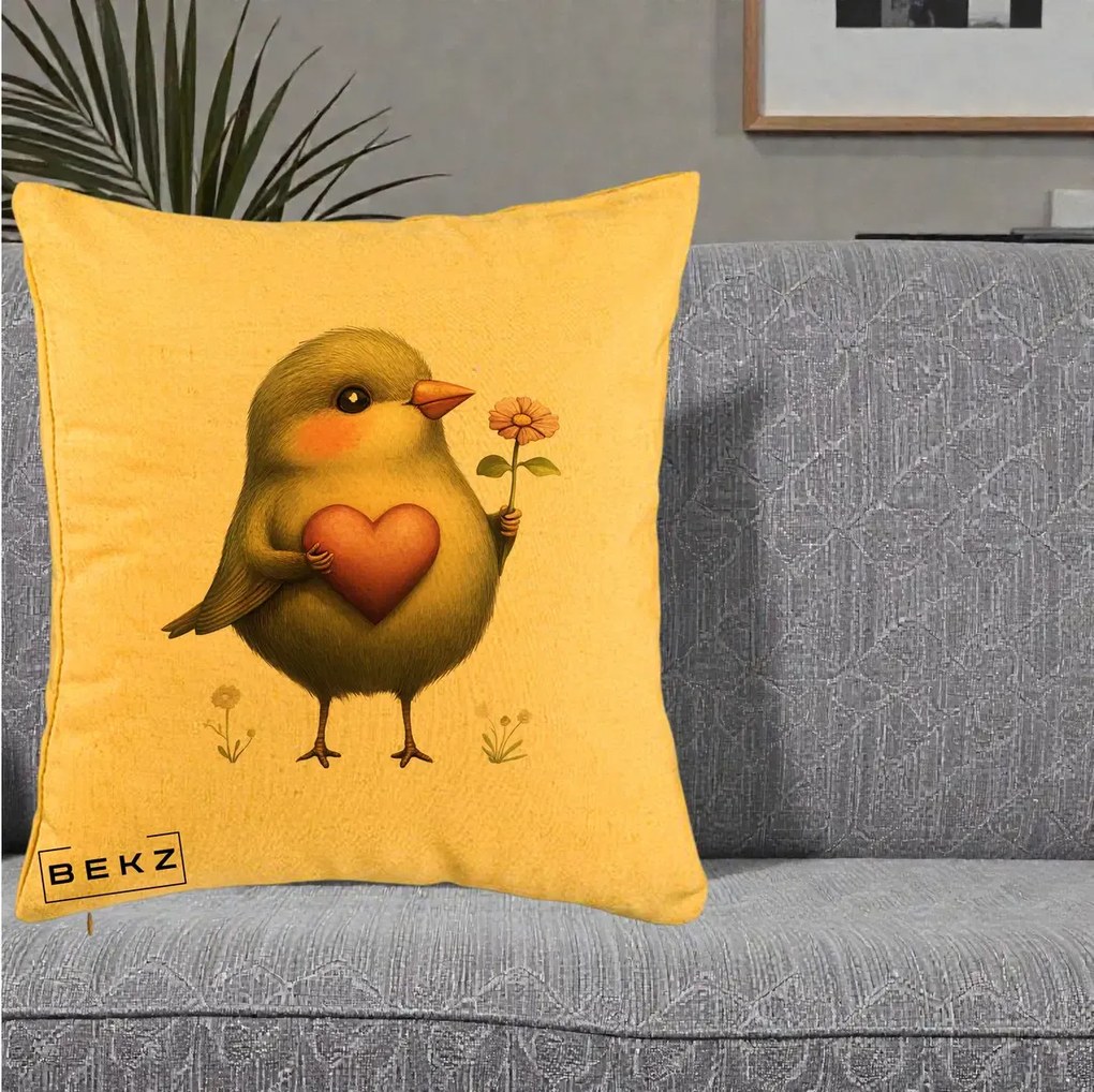 Perna Decorativa Pasare Verde cu Inima si Floare, 40x40 cm, Galben, Husa Detasabila, Perna Inclusa, BEKZ®