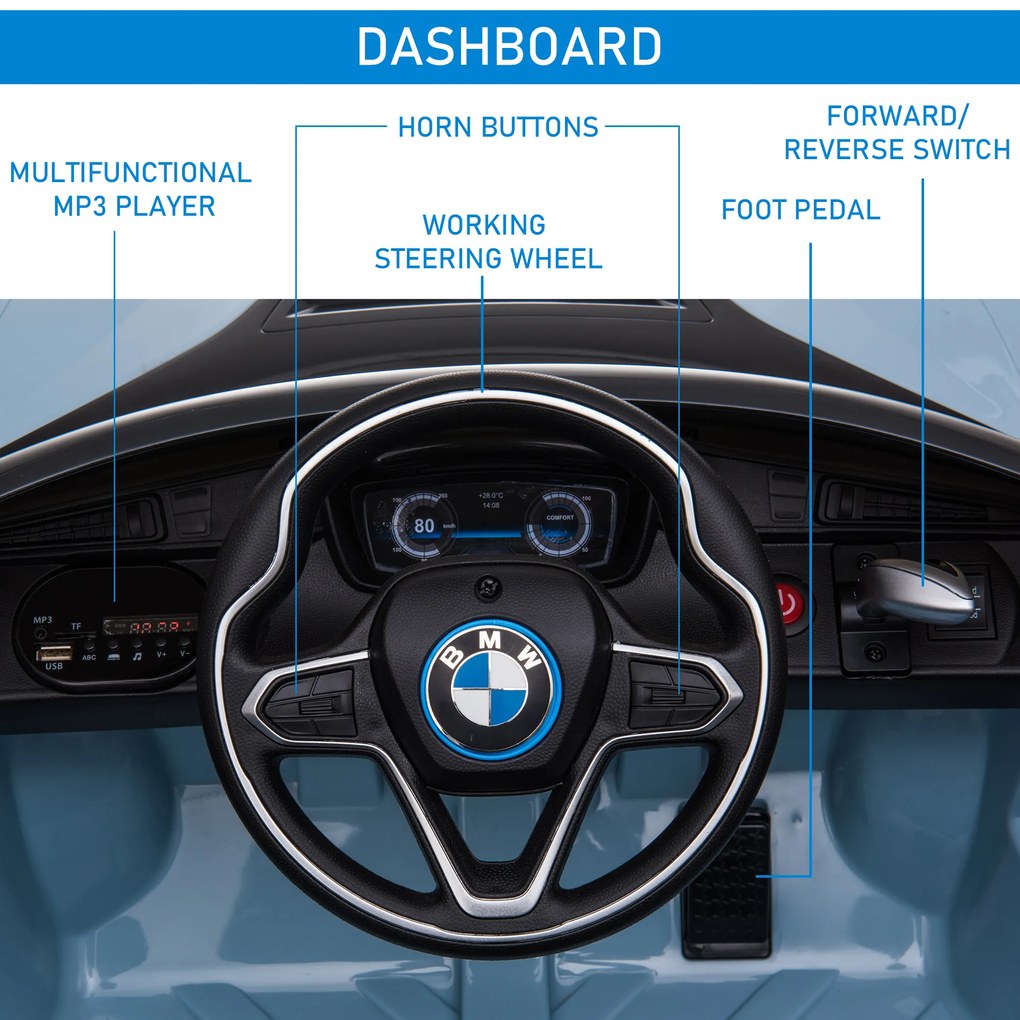 Licensed BMW I8 Coupe Masina Electrica HOMCOM telecomanda MP3 baterie pentru 3-8 ani | Aosom Romania