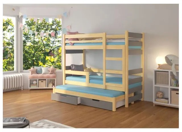 Pat Supraetajat 3 Persoane Cu Saltea KARLO Pin/Gri 80x180cm