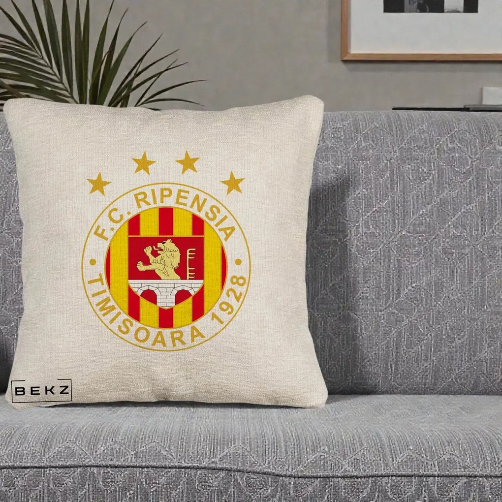 Perna Personalizata FC Ripensia Timisoara 1928, 40x40 cm, Bej Canapea, Husa Detasabila, Perna Inclusa, BEKZ®