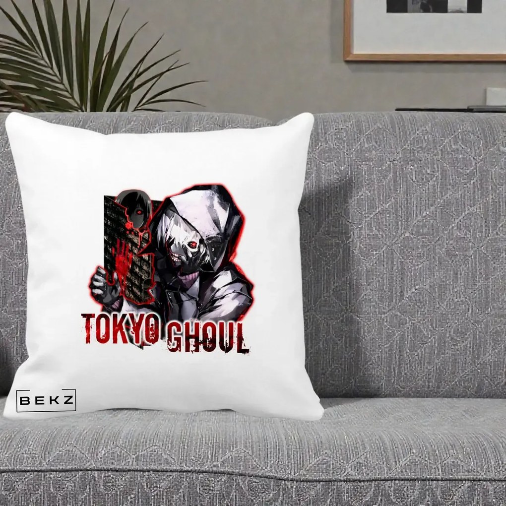 Perna Personalizata Tokyo Ghoul Ken Kaneki Anime, 40x40 cm, Alba Mata, Husa Detasabila, Perna Inclusa, BEKZ®