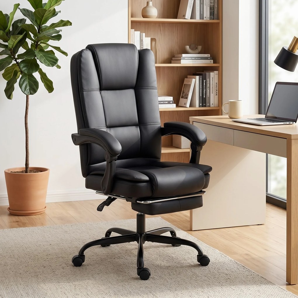HOMCOM Scaun Birou Ergonomic Reclinabil Rotativ din Piele PU cu Suport pentru Picioare, Înălțime Reglabilă, Negru | Aosom Romania