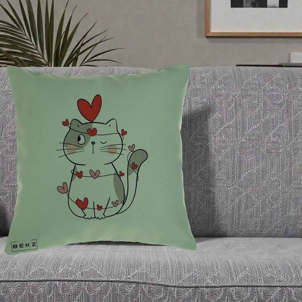 Perna Decorativa Pisica Kawaii cu Inimi, 40x40 cm, Verde, Husa Detasabila, Perna Inclusa, BEKZ®