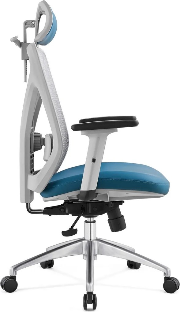 Scaun ergonomic Mike-H, sezut translatie, spatar reglabil inatime, mecanism multifunctional blocare/inclinare, balans, sezut translatie, cotiere 3D, Mesh/Piele, Gri/Albastru
