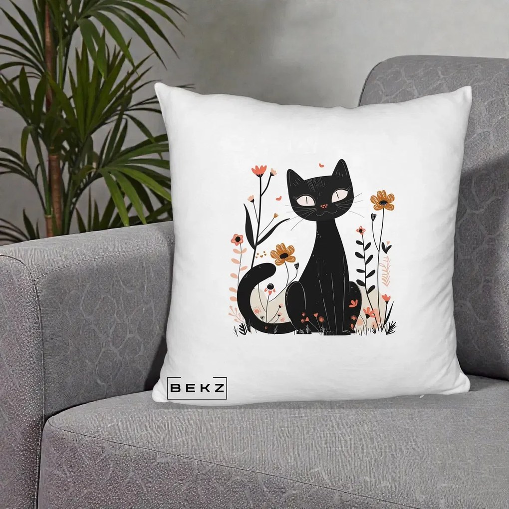 Perna Decorativa Pisica Neagra Flori Pastel Folk, 40x40 cm, Alb Pufos, Husa Detasabila, Perna Inclusa, BEKZ®