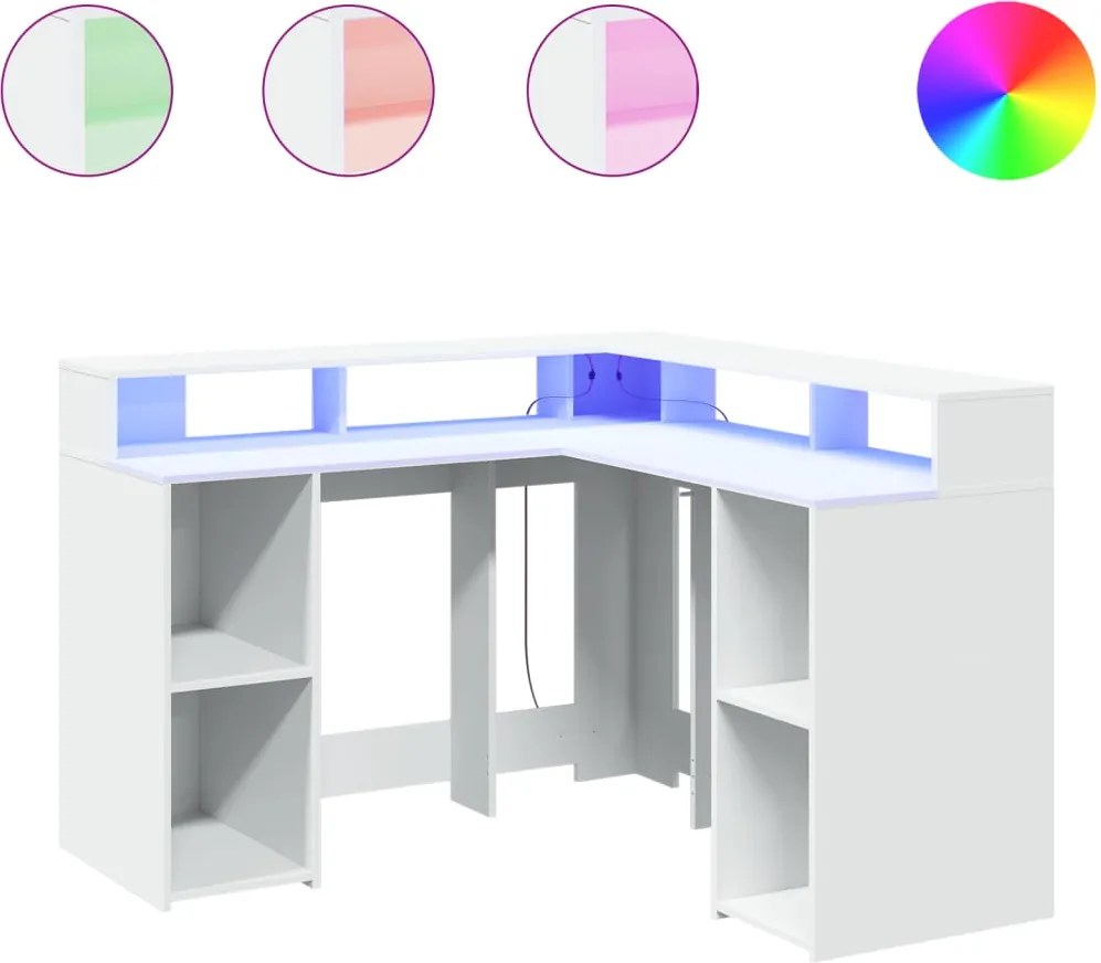 vidaXL Birou cu lumini LED, alb, 130x130x91 cm, lemn prelucrat