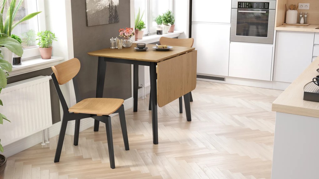 MAZZONI EXPORT ROXY Stejar natural/cadru negru - MASĂ RABATABILĂ DE LEMN PENTRU BUCĂTĂRIE/SUFRAGERIE RETRO EXTENSIBILĂ