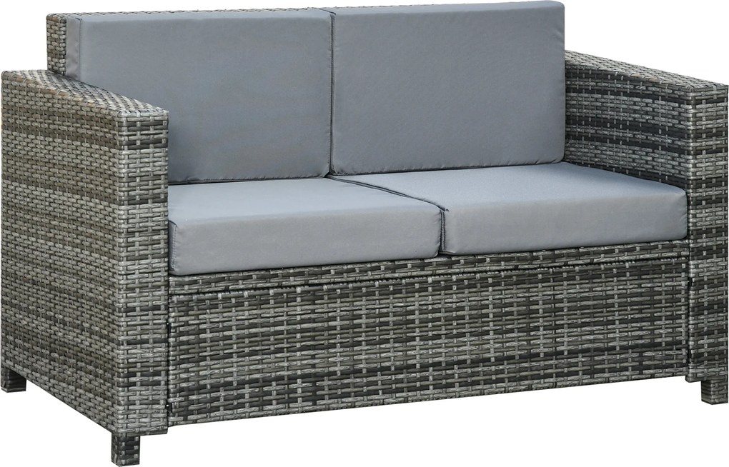 Canapea Outsunny din poly-rattan cu perne, canapea lounge de grădină 2 locuri metal poliester gri 130 x 70 x 80 cm | Aosom Romania