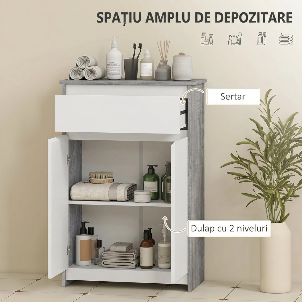 kleankin Dulap de Baie Independent cu Sertar și Uși Duble, Gri-Alb | Aosom Romania