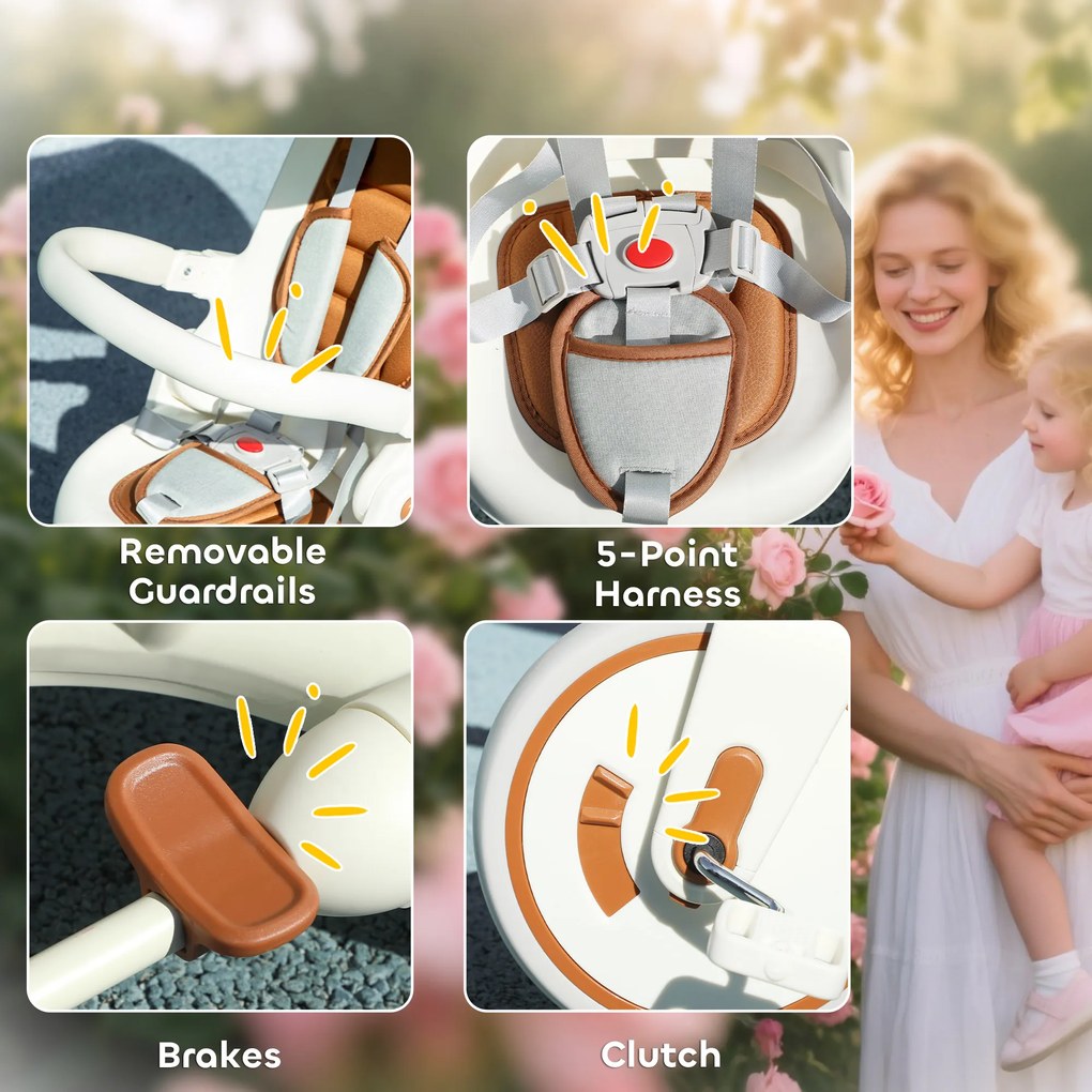 AIYAPLAY Triciclu pentru Copii 5 în 1 cu Spătar Reglabil, Triciclu pentru Copii cu Mâner de Împingere, Spătar Reglabil, Crem Alb | Aosom Romania