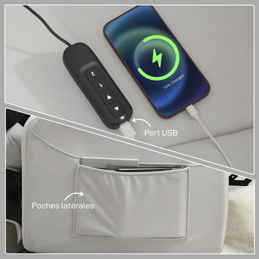 HOMCOM Fotoliu relax electric fotoliu reclinabil port USB suport picioare buzunare laterale telecomandă 96x90x103cm crem | Aosom Romania