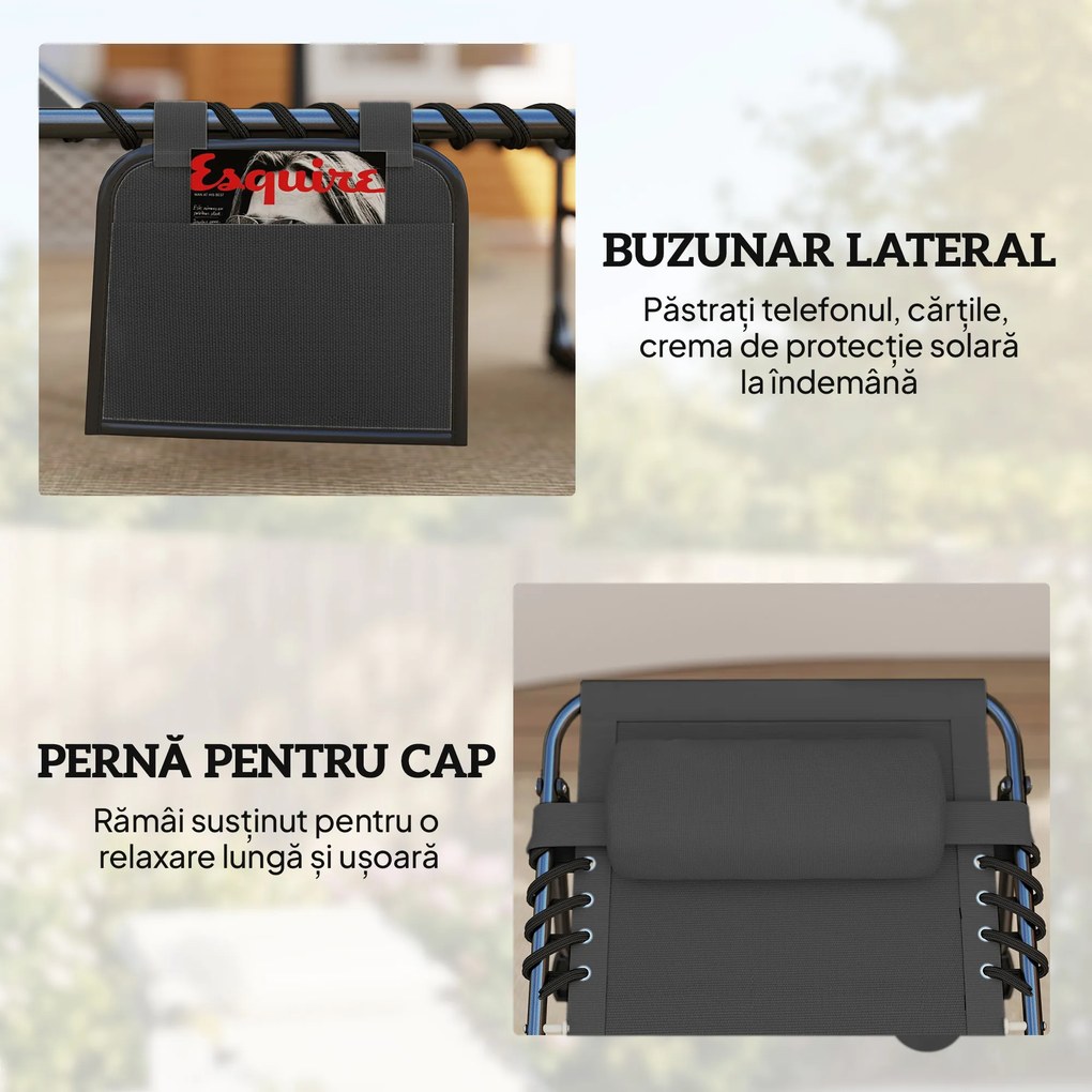 Outsunny Set de 2 Șezlonguri de Grădină Pliabile, Reglabile pe 5 Niveluri, cu Perne, Șezlonguri Textilenă cu Buzunar Lateral, Mâner, pentru Plajă, Piscină, 57x200x38 cm, Negru | Aosom Romania