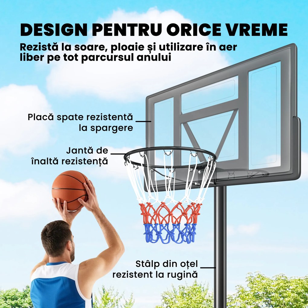 SPORTNOW Coș de Baschet Exterior Reglabil pe Înălțime 135-305 cm, Coș de Baschet cu Roți, Bază Umplibilă, Sac de Greutate, Panou Rezistent, Portabil pentru Interior și Exterior, Negru | Aosom Romania