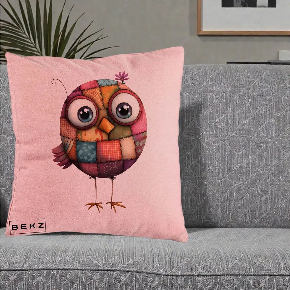 Perna Decorativa Pasare Patchwork Roz cu Floare, 40x40 cm, Roz, Husa Detasabila, Perna Inclusa, BEKZ®