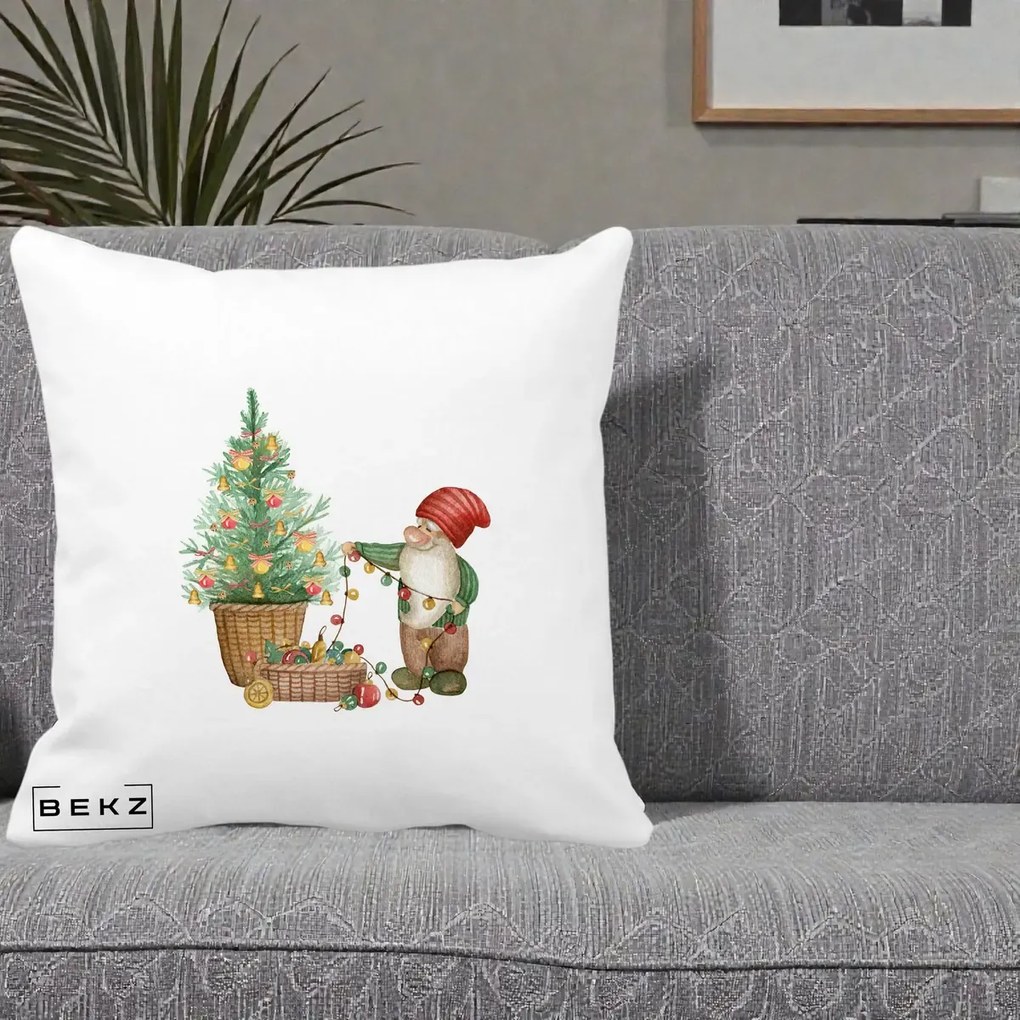 Perna Decorativa Pitic de Craciun cu Brad, 40x40 cm, Alba Mata, Husa Detasabila, Perna Inclusa, BEKZ®