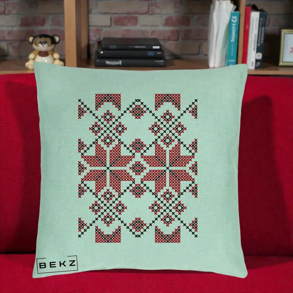 Perna Personalizata Motiv Traditional Cusatura Rosu-Negru, 40x40 cm, Verde Menta, Husa Detasabila, Perna Inclusa, BEKZ®