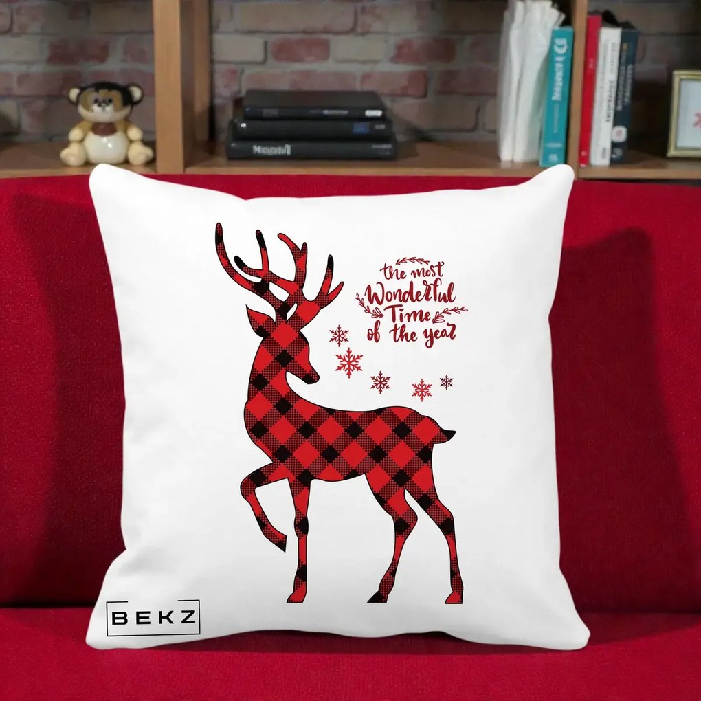 Perna Decorativa Ren Buffalo Plaid Craciun, 40x40 cm, Alba Mata, Husa Detasabila, Perna Inclusa, BEKZ®