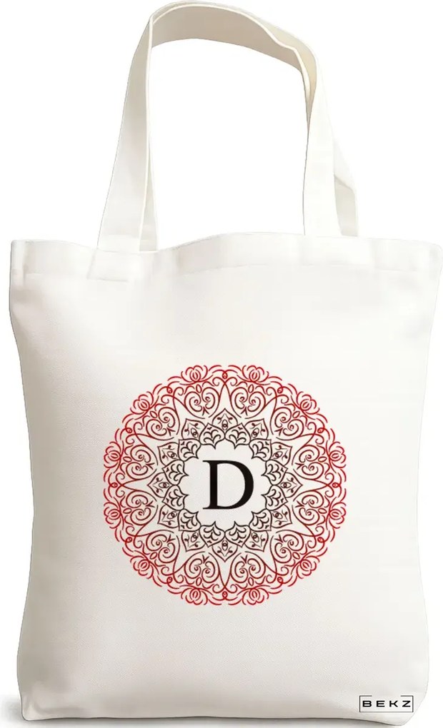 Sacosa de Panza pentru Cumparaturi, Geanta Tote, Cu litera D si Mandala, 38x34.5 cm, Alba, BEKZ®