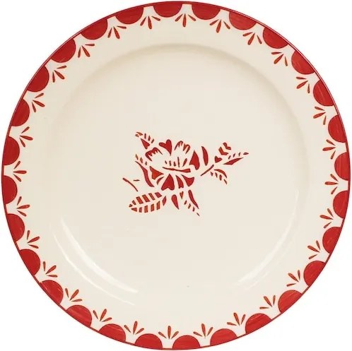 Farfurie din ceramică artizanală, natur, cu motiv floral pictat manual în roșu și bordură decorativă, 26 cm, „Marion Flower"
