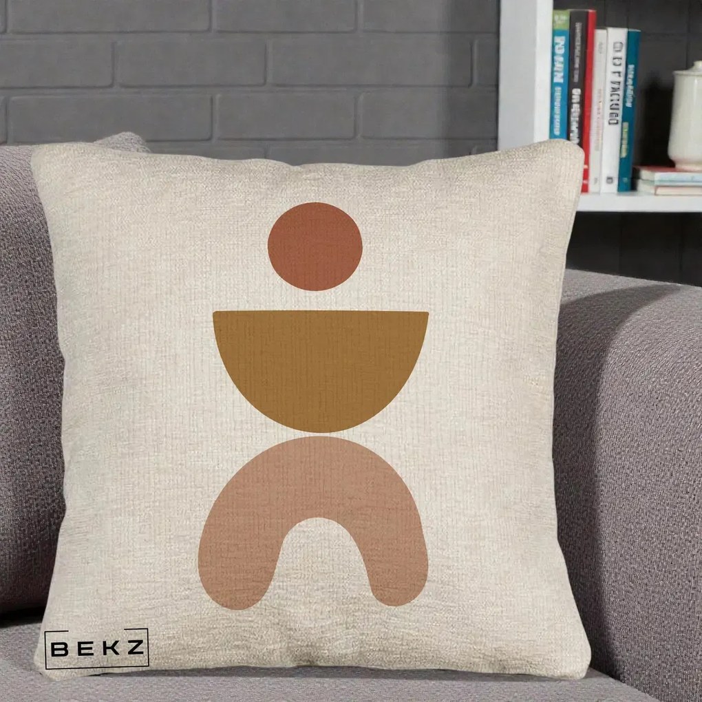 Perna Decorativa Geometric Boho Disc si Arc, 40x40 cm, Bej Canapea, Husa Detasabila, Perna Inclusa, BEKZ®