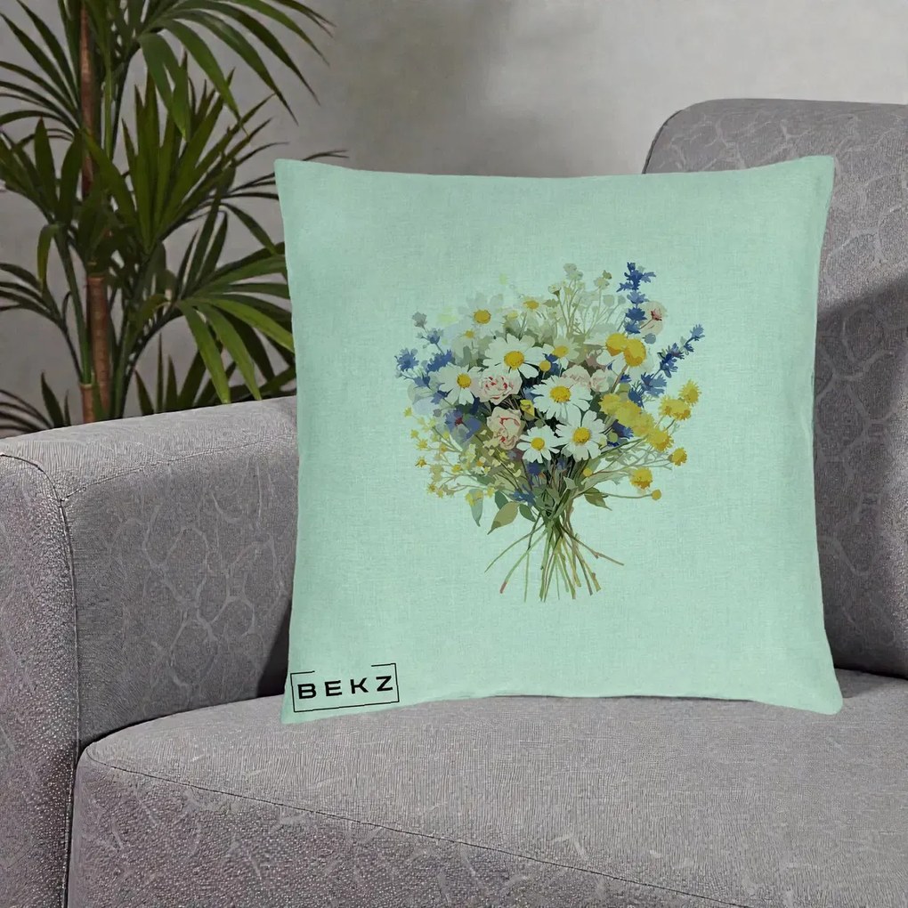 Perna Decorativa Buchet Camp Acuarela Margarete-Lavanda, 40x40 cm, Verde Menta, Husa Detasabila, Perna Inclusa, BEKZ®