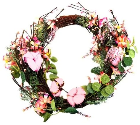 Decoratiune Craciun, coroana cu flori roz, 55 cm