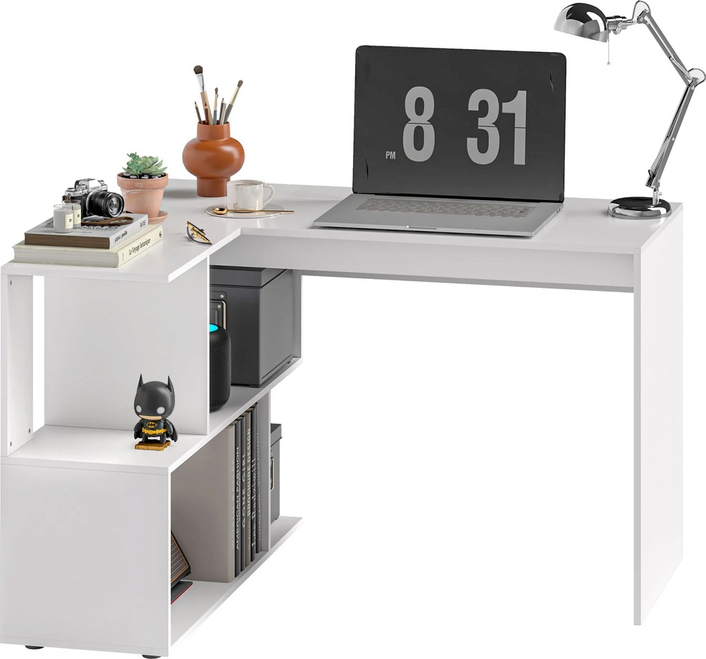 HOMCOM Birou Modern de Colț pentru Birou cu 4 Rafturi din Lemn, Alb, 120x100x77 cm | Aosom Romania