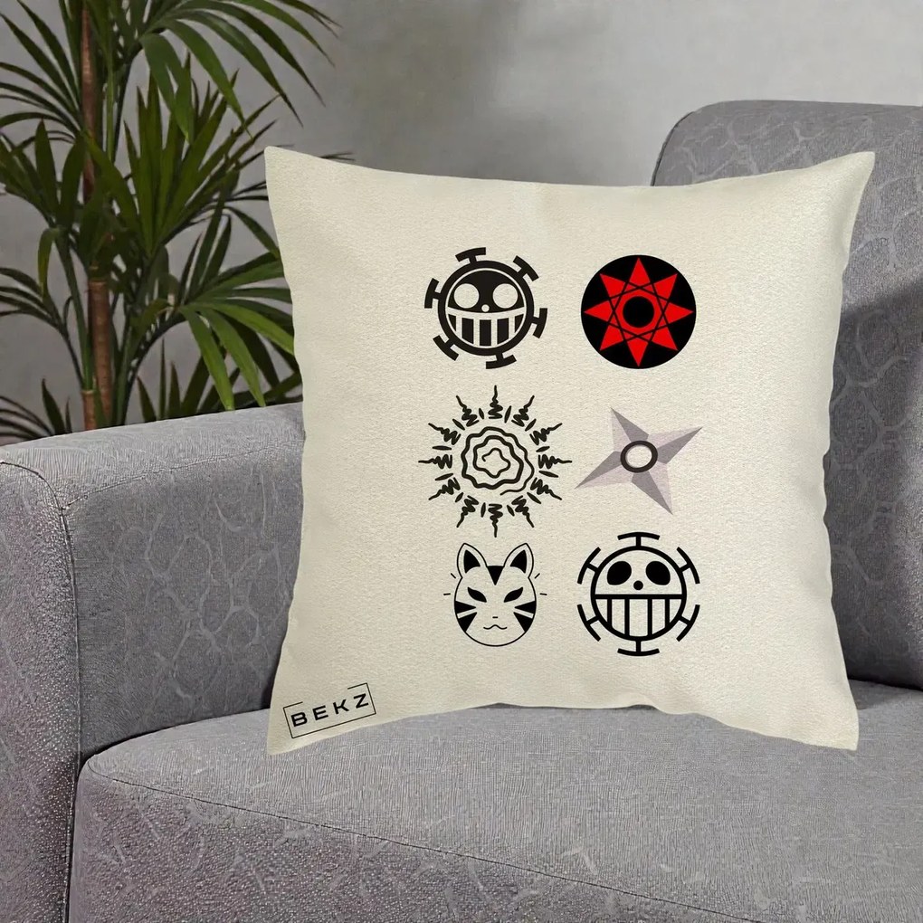 Perna Personalizata Simboluri Anime Mix - Naruto One Piece, 40x40 cm, Ecru, Husa Detasabila, Perna Inclusa, BEKZ®