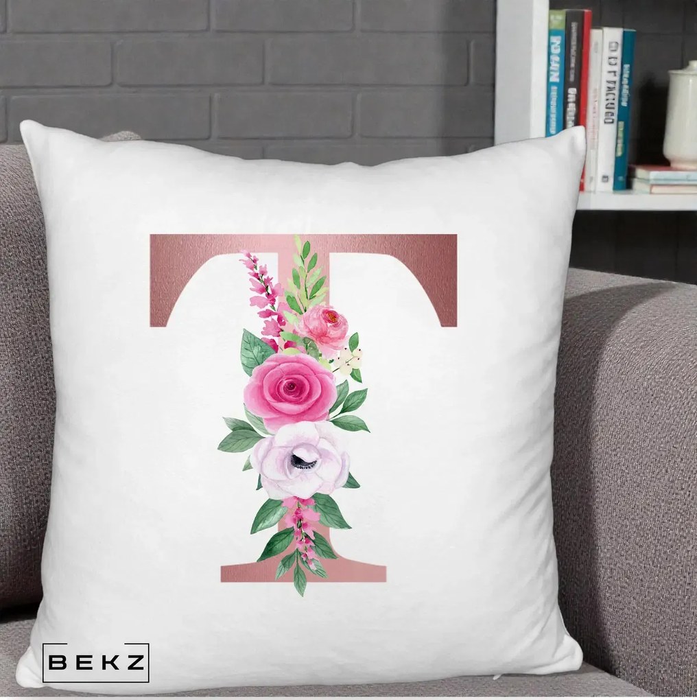 Cadou Personalizat - Perna Personalizata Monograma Rose Gold Litera T, 40x40 cm, Alb Pufos, Husa Detasabila, Perna Inclusa, BEKZ®