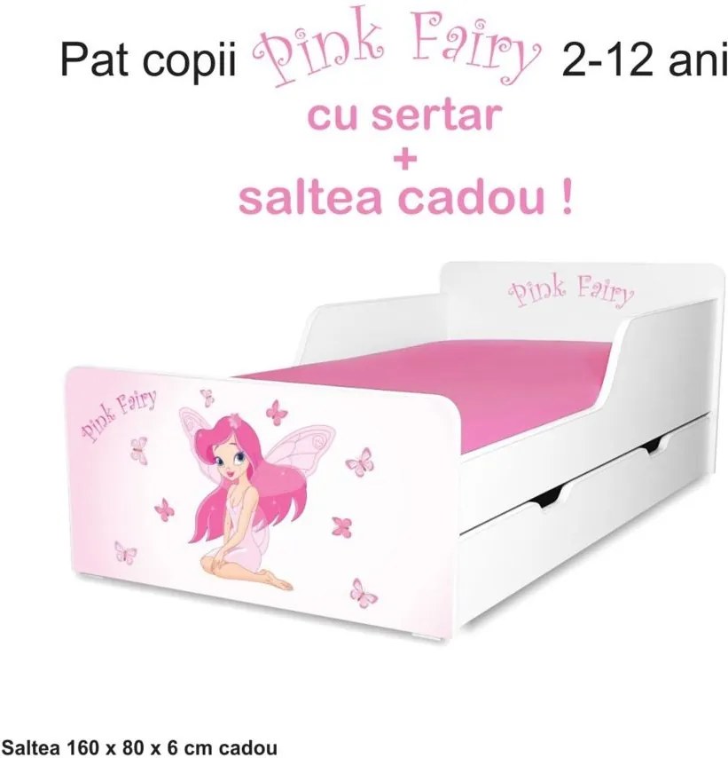 Pat copii Pink Fairy 2-12 ani cu sertar si saltea cadou